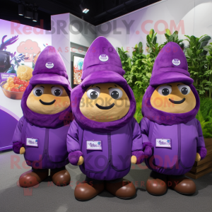 Purple Potato mascot costume character dressed with a Parka and Hats