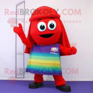 Red Rainbow mascot costume character dressed with a Bootcut Jeans and Scarf clips