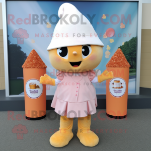 Peach Pop Corn mascot costume character dressed with a Shift Dress and Caps