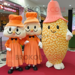 Peach Pop Corn mascot costume character dressed with a Shift Dress and Caps