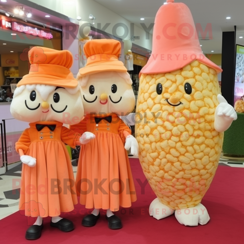 Peach Pop Corn mascot costume character dressed with a Shift Dress and Caps Peach Pop Corn mascot costume character dressed with a Shift Dress and Caps