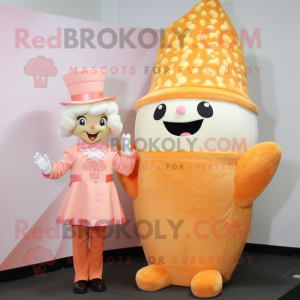 Peach Pop Corn mascot costume character dressed with a Shift Dress and Caps