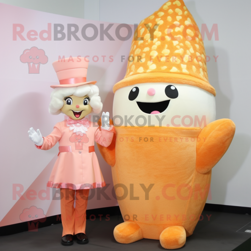 Peach Pop Corn mascot costume character dressed with a Shift Dress and Caps Peach Pop Corn mascot costume character dressed with a Shift Dress and Caps