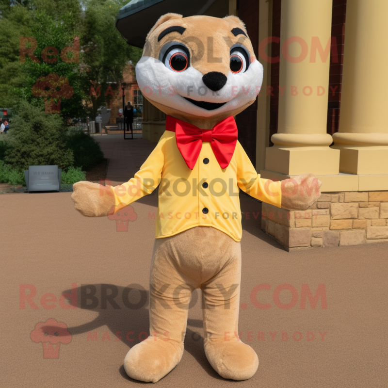 nan Meerkat mascot costume character dressed with a T-Shirt and Bow ties