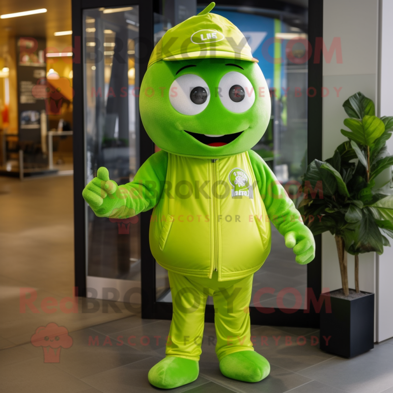 Lime Green Alliance mascot costume character dressed with a Jeans and Brooches Lime Green Alliance mascot costume character dressed with a Jeans and Brooches