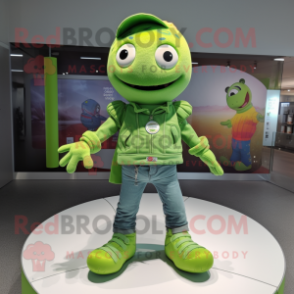 Lime Green Alliance mascot costume character dressed with a Jeans and Brooches