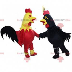 Mascots of giant roosters, one tricolor and the other all black