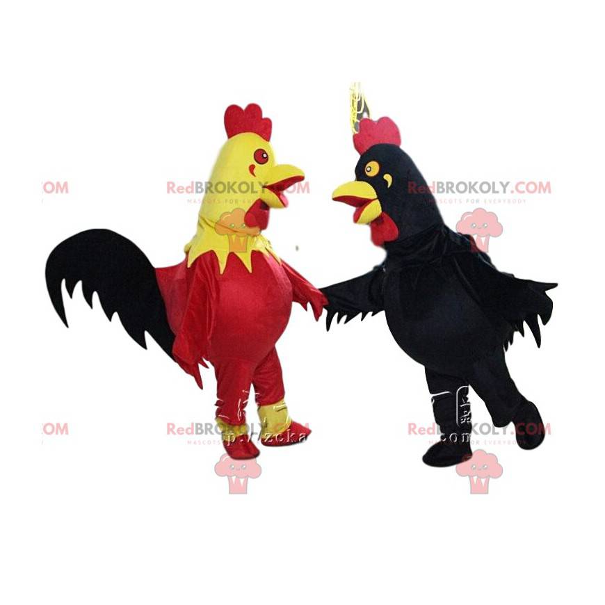 Mascots of giant roosters, one tricolor and the other all black