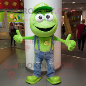 Lime Green Alliance mascot costume character dressed with a Jeans and Brooches