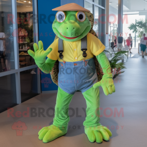 Olive Sea Turtle mascot costume character dressed with a Mom Jeans and Suspenders