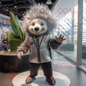 Silver Porcupine mascot costume character dressed with a Bomber Jacket and Hairpins