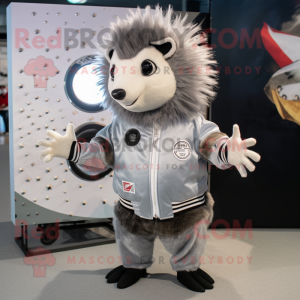 Silver Porcupine mascot costume character dressed with a Bomber Jacket and Hairpins