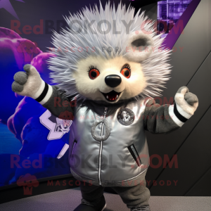 Silver Porcupine mascot costume character dressed with a Bomber Jacket and Hairpins