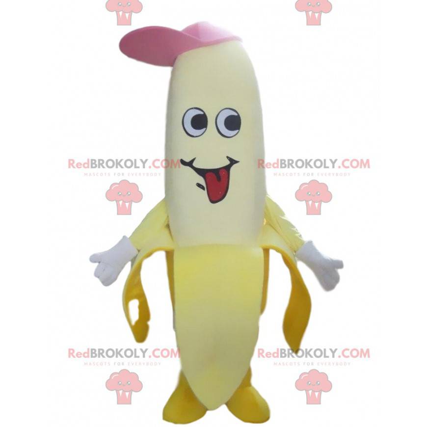 Bananenmaskottchen mit einer Kappe, riesiges Fruchtkostüm -