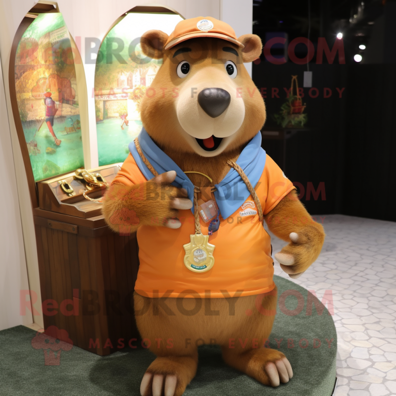 nan Capybara mascot costume character dressed with a Cargo Pants and Necklaces nan Capybara mascot costume character dressed with a Cargo Pants and Necklaces