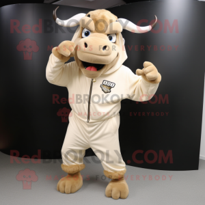 Beige Bull mascot costume character dressed with a Hoodie and Shoe clips