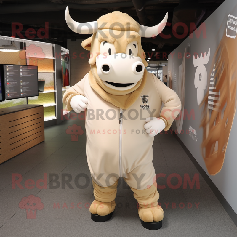 Beige Bull mascot costume character dressed with a Hoodie and Shoe clips Beige Bull mascot costume character dressed with a Hoodie and Shoe clips