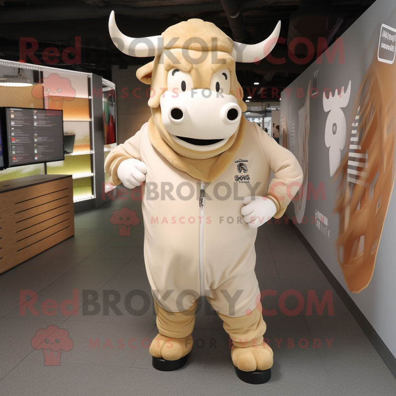 Beige Bull mascot costume character dressed with a Hoodie and Shoe clips