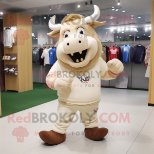 Beige Bull mascot costume character dressed with a Hoodie and Shoe clips