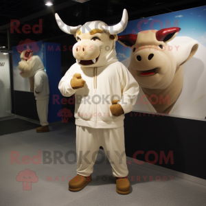 Beige Bull mascot costume character dressed with a Hoodie and Shoe clips