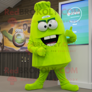 Lime Green Celery mascot costume character dressed with a Corduroy Pants and Digital watches