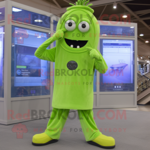 Lime Green Celery mascot costume character dressed with a Corduroy Pants and Digital watches