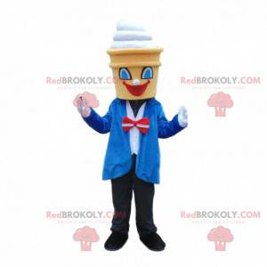Elegantly dressed ice cream mascot, cone costume -
