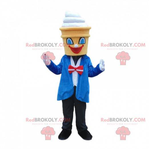 Elegantly dressed ice cream mascot, cone costume -