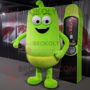 Lime Green Celery mascot costume character dressed with a Corduroy Pants and Digital watches