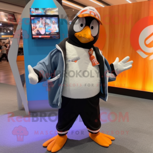 nan Penguin mascot costume character dressed with a Windbreaker and Suspenders