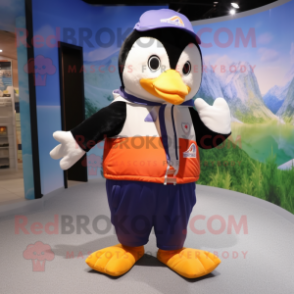 nan Penguin mascot costume character dressed with a Windbreaker and Suspenders