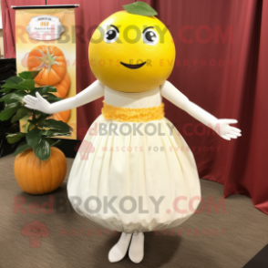 White Grapefruit mascot costume character dressed with a Empire Waist Dress and Earrings