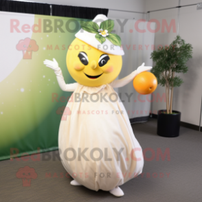 White Grapefruit mascot costume character dressed with a Empire Waist Dress and Earrings