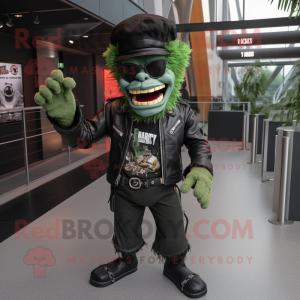 Forest Green Frankenstein mascot costume character dressed with a Biker Jacket and Hat pins