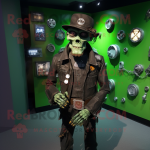 Forest Green Frankenstein mascot costume character dressed with a Biker Jacket and Hat pins