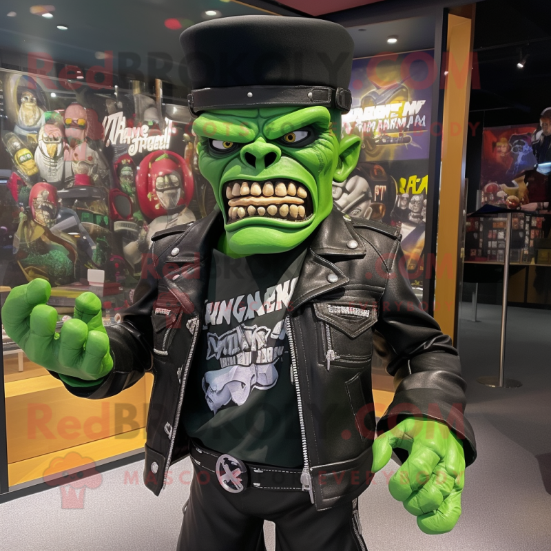 Forest Green Frankenstein mascot costume character dressed with a Biker Jacket and Hat pins Forest Green Frankenstein mascot costume character dressed with a Biker Jacket and Hat pins