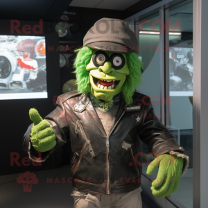 Forest Green Frankenstein mascot costume character dressed with a Biker Jacket and Hat pins