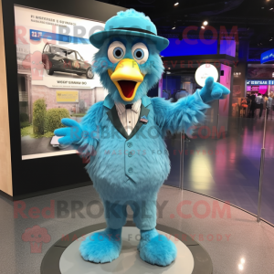 Sky Blue Emu mascot costume character dressed with a Suit and Berets