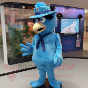 Sky Blue Emu mascot costume character dressed with a Suit and Berets