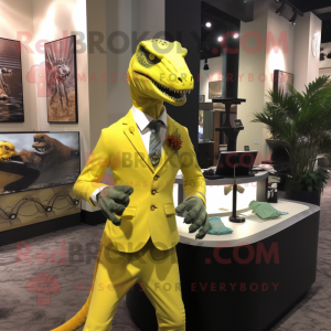 Lemon Yellow Utahraptor mascot costume character dressed with a Suit Pants and Necklaces