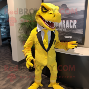 Lemon Yellow Utahraptor mascot costume character dressed with a Suit Pants and Necklaces