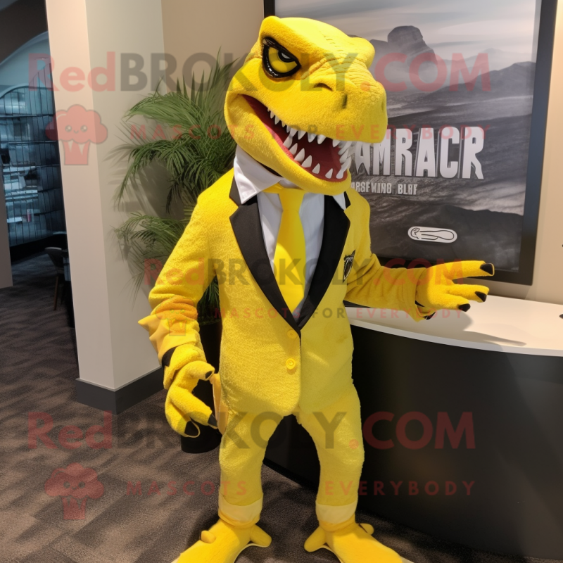 Lemon Yellow Utahraptor mascot costume character dressed with a Suit Pants and Necklaces