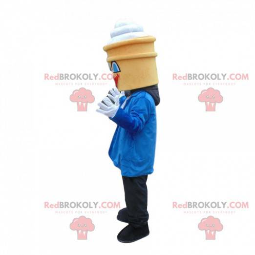 Mascote de sorvete elegantemente vestido, fantasia de cone -