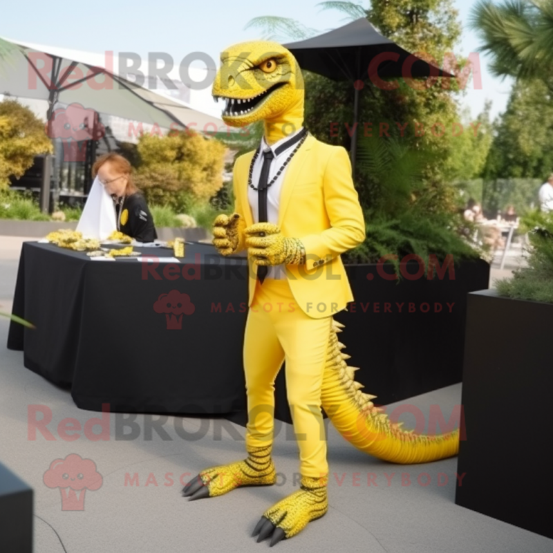 Lemon Yellow Utahraptor mascot costume character dressed with a Suit Pants and Necklaces