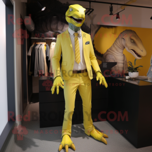 Lemon Yellow Utahraptor mascot costume character dressed with a Suit Pants and Necklaces