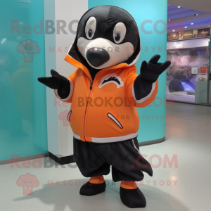 Peach Killer Whale mascot costume character dressed with a Parka and Cummerbunds