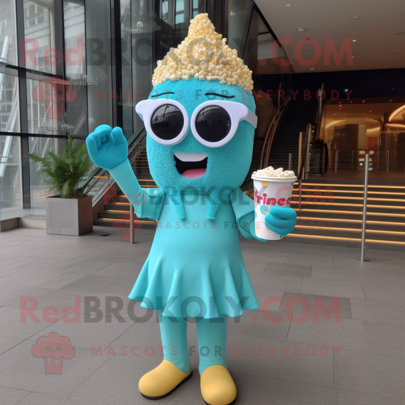 Turquoise Pop Corn mascot costume character dressed with a One-Piece Swimsuit and Rings