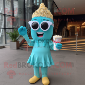 Turquoise Pop Corn mascot costume character dressed with a One-Piece Swimsuit and Rings