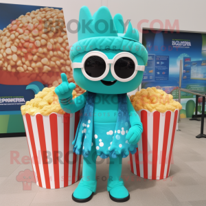 Turquoise Pop Corn mascot costume character dressed with a One-Piece Swimsuit and Rings
