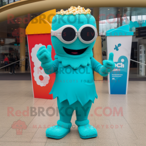 Turquoise Pop Corn mascot costume character dressed with a One-Piece Swimsuit and Rings